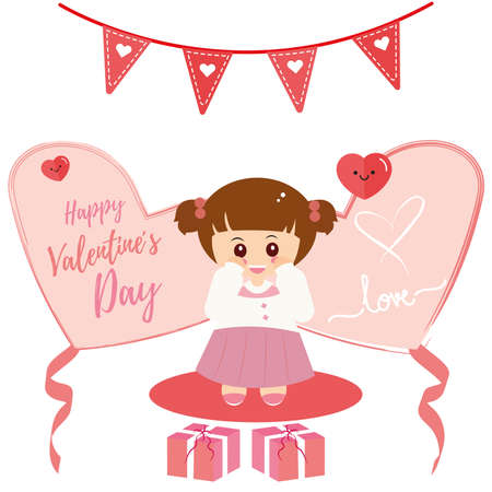 Happy valentines day card. Sweet girl with gift boxes - Vectorのイラスト素材