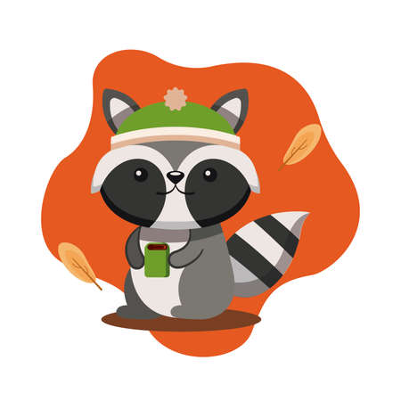 Kawaii cartoon of a raccoon with a coffee cupのイラスト素材