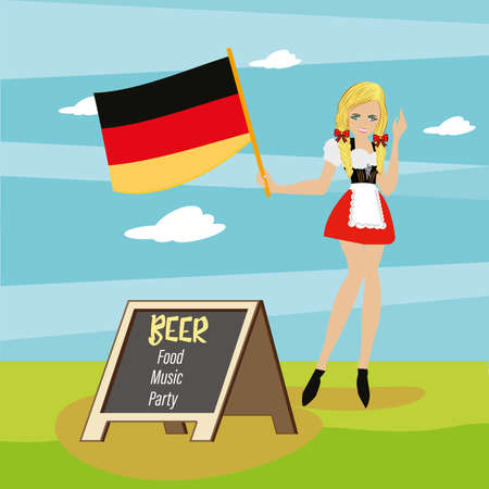 Girl with traditional german clothes and german Flag Pub promotion Vectorのイラスト素材