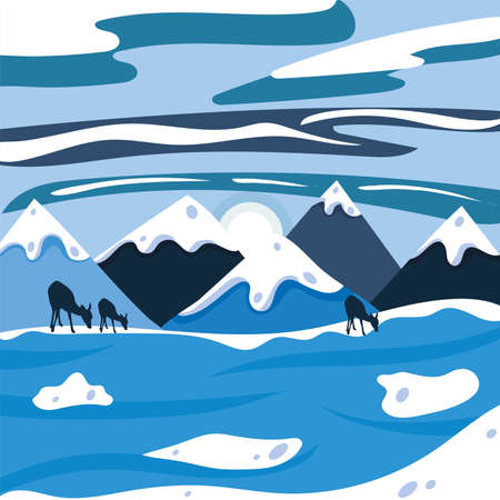 Beautiful light blue winter landscape with hills and reindeers Vectorのイラスト素材