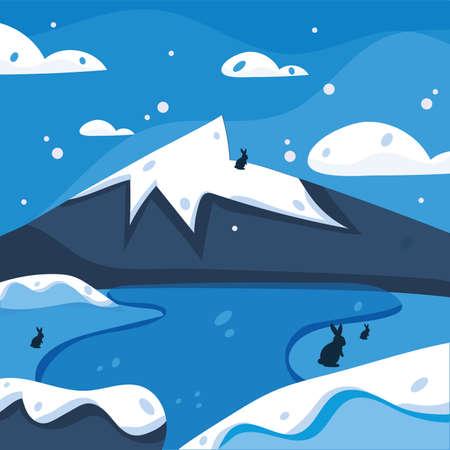 Cold blue winter landscape with a mountain and rabbits Vectorのイラスト素材