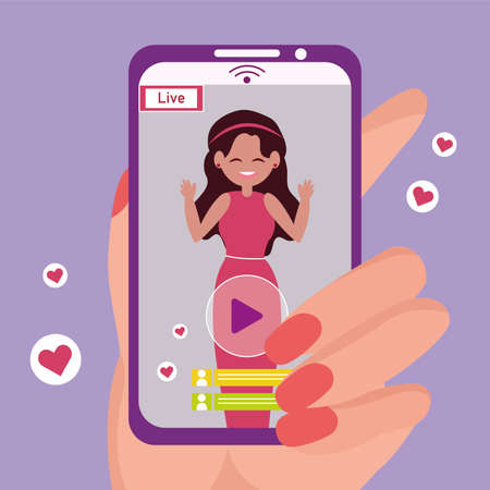 Streaming service concept Hand holding a cellphone while doing a live Vectorのイラスト素材