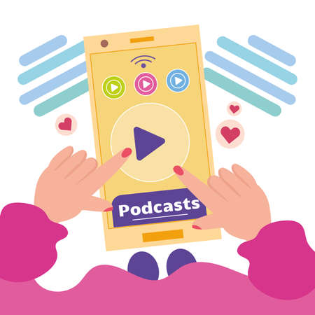 Streaming service concept girl listening to a podcast on a cellphone Vector