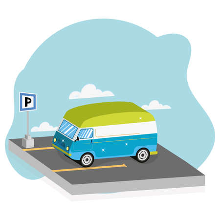 Isolated 3d colored van vehicle on a parking slot Vectorのイラスト素材
