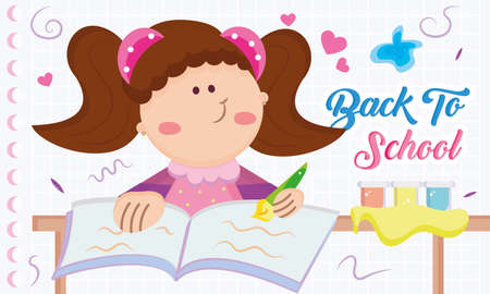 Sketch of girl with open book and school supplies Back to school concept Vectorのイラスト素材