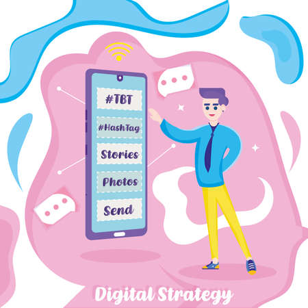 Male cartoon next to a cellphone with hashtags Social media concept Vectorのイラスト素材