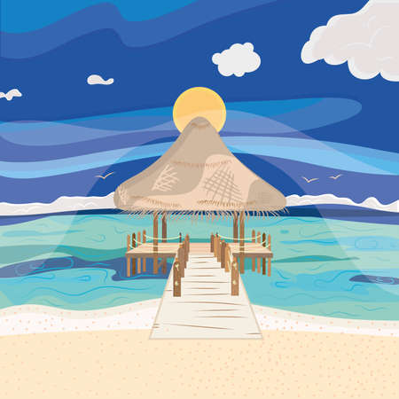 Kiosk building over the ocean water Summer holiday resort landscape Vectorのイラスト素材