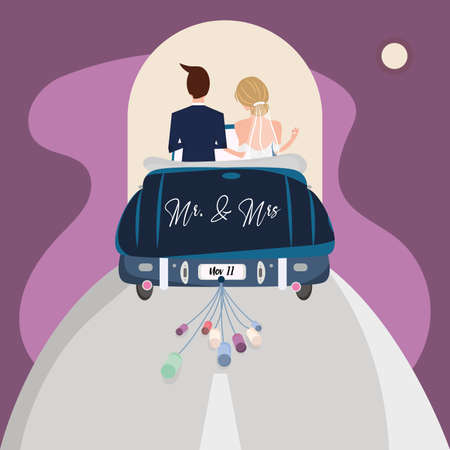 Married couple on a car Wedding colored template Vectorのイラスト素材