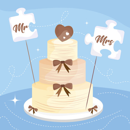 Chocolate wedding cake with ribbons and heart Wedding template Vectorのイラスト素材