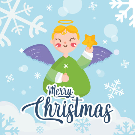 Merry christmas card happy angel holding a star Vectorのイラスト素材