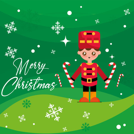 Green merry christmas card Happy wooden nutcracker cartoon Vectorのイラスト素材