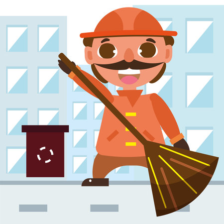 Happy cleaner worker cartoon character holding a broom Vectorのイラスト素材
