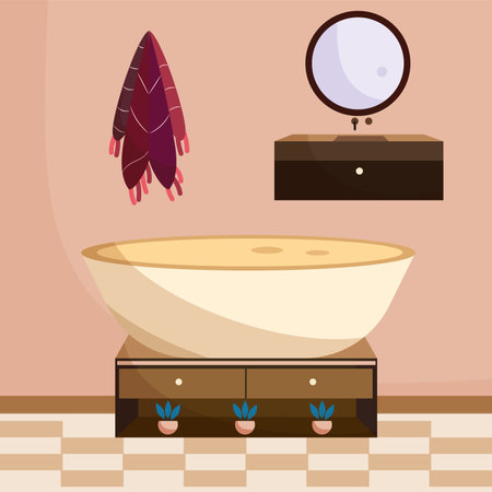 Colored bathroom with tub mirror and towel Indoor design Vectorのイラスト素材