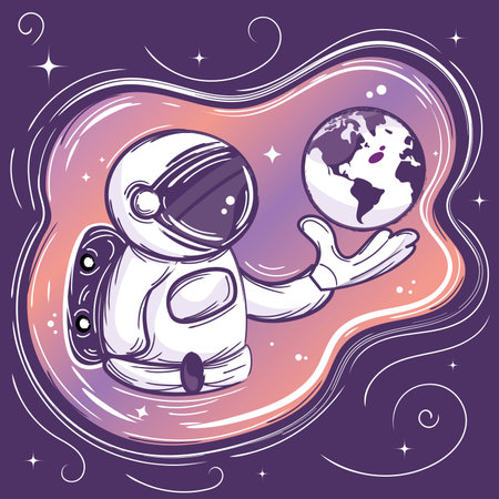 Cute chalkboard sketch of an astronaut looking at a planet Vectorのイラスト素材