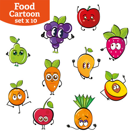 Set of cute fruit cartoon characters Vectorのイラスト素材