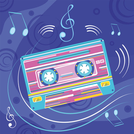 Retro colored music concept background with cassette Vectorのイラスト素材