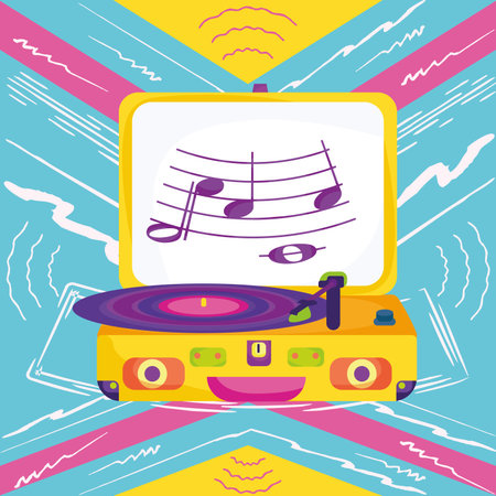 Retro colored music concept background with a turntable Vectorのイラスト素材