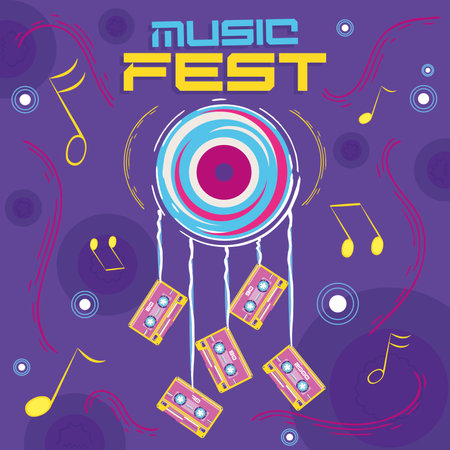 Retro colored music fest poster with cassettes Vectorのイラスト素材