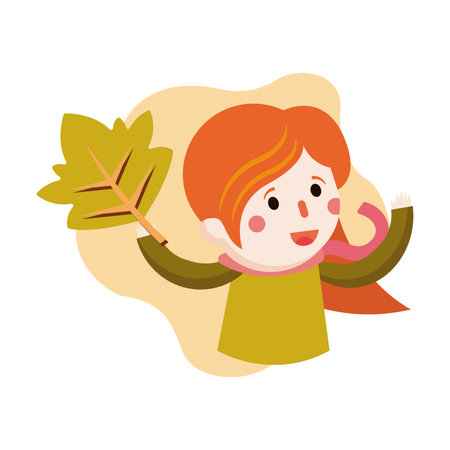 Girl with autumn leaf smiling. Vectorのイラスト素材