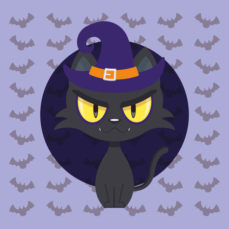 Black witch cat with hat. Vectorのイラスト素材