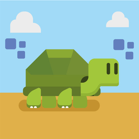 Cartoon green turtle walking outdoors with blue sky Vector illustrationのイラスト素材