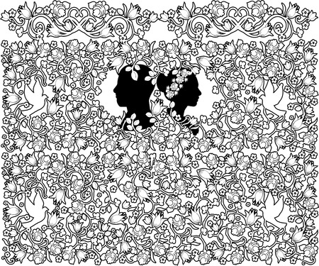 wedding silhouette flourishes seamless pattern background.のイラスト素材