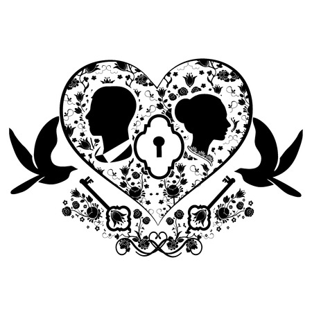 wedding heart with key and dovesのイラスト素材