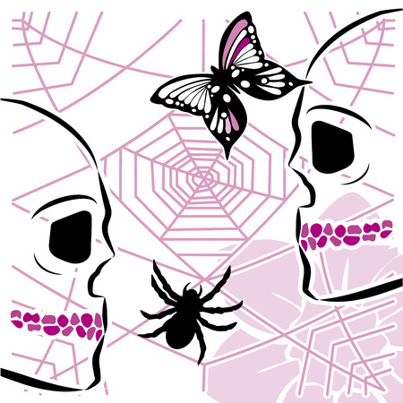 skulls with spiderweb and butterflyのイラスト素材
