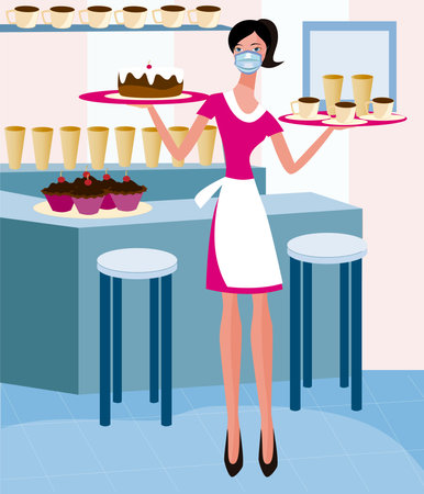 waitress working with protective maskのイラスト素材