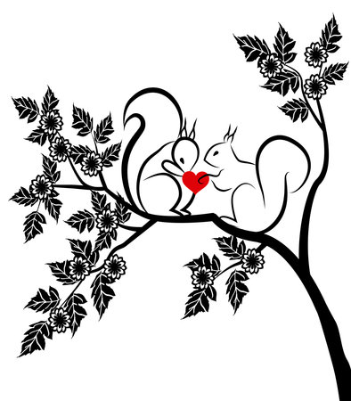 squirrels in a tree with heartのイラスト素材