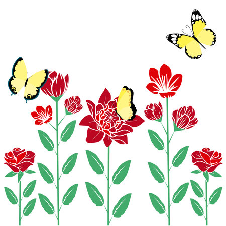 butterflies and flowers on a white background. Vector illustration.のイラスト素材