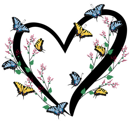flowering plants with butterflies in a heartのイラスト素材