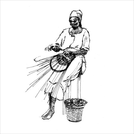 African Woman Weaving Basketのイラスト素材