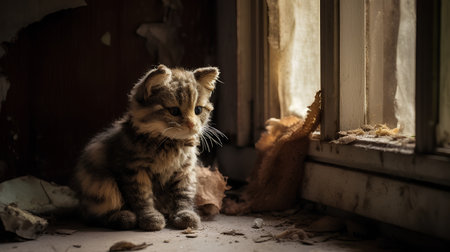 Cute little kitten sitting on the windowsill and looking out the windowの素材