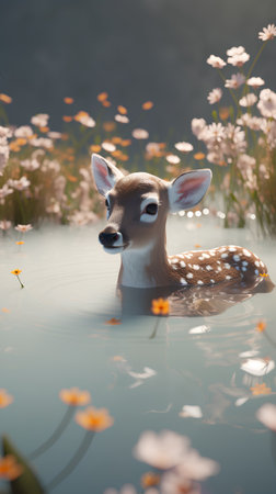 deer in a pond with flowers in the background, 3d renderの素材