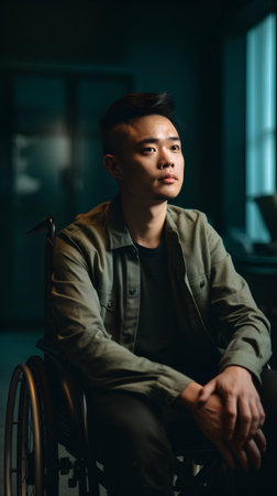 Young asian man in wheelchair in office. Healthcare and medical concept.の素材
