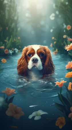 Cavalier King Charles Spaniel swimming in the water with flowersの素材