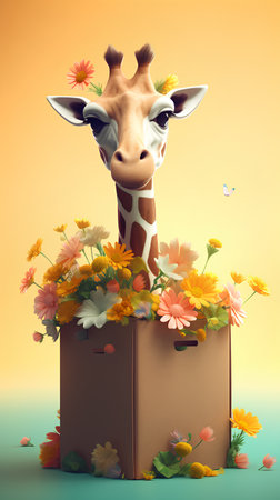 Giraffe with flowers in a box. 3d illustration.の素材