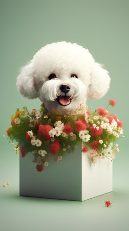 bichon frise dog in a box with flowers on green backgroundの素材