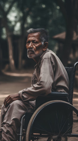Portrait of an old handicapped man sitting in a wheelchair.の素材