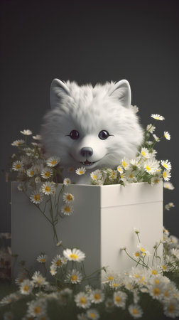 Cute little fox in a box with daisies. 3d renderingの素材