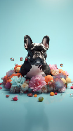french bulldog with flowers on blue background, 3d illustrationの素材