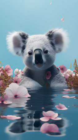 Cute koala in water with pink flowers on blue background.の素材