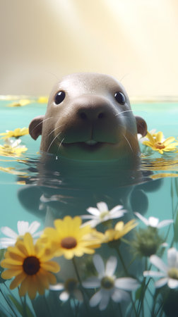 Cute dog in water with daisies and yellow flowers.の素材