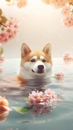Shiba inu in the water with sakura blossom.の素材