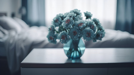 Bouquet of flowers in a blue vase on the tableの素材