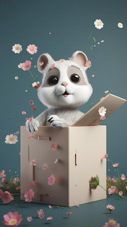 Cute panda in a box with flowers. 3d renderingの素材