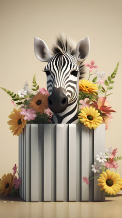 Zebra in a box of flowers. 3d render illustration.の素材