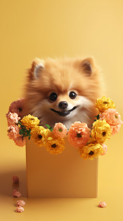 Pomeranian dog in a box with flowers. 3d renderingの素材