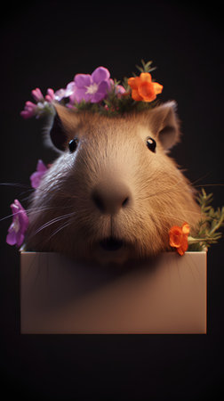 Guinea pig with a wreath of flowers on a black backgroundの素材